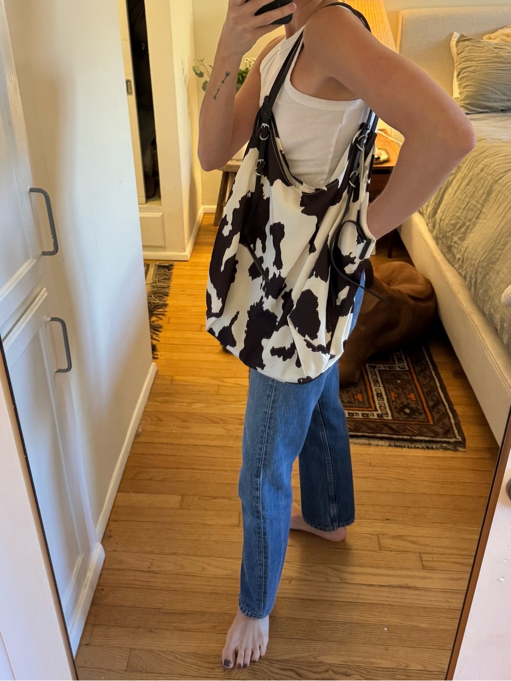 Zara Black and White Cow-Print Hobo Bag